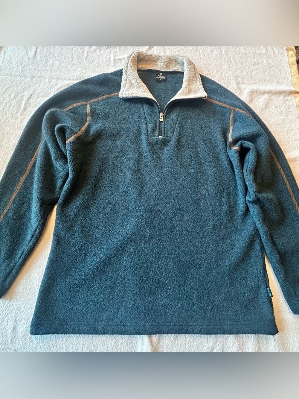Kuhl Men’s Teal Zip-Up Fleece with Cream Fleece Collar